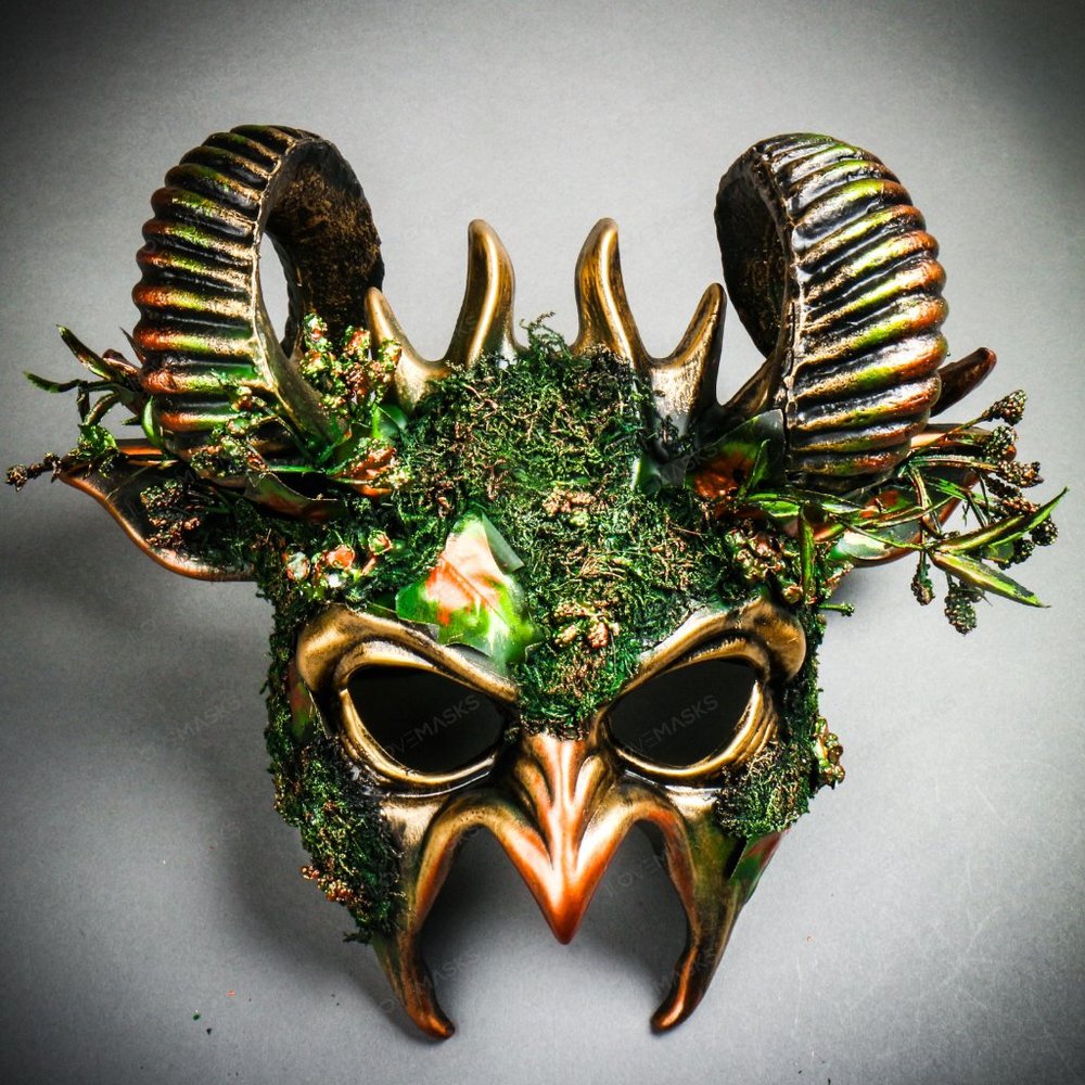 Demon Forest Devil Satan w/ Horns Mask Black Gold | Halloween Masquerade Costume